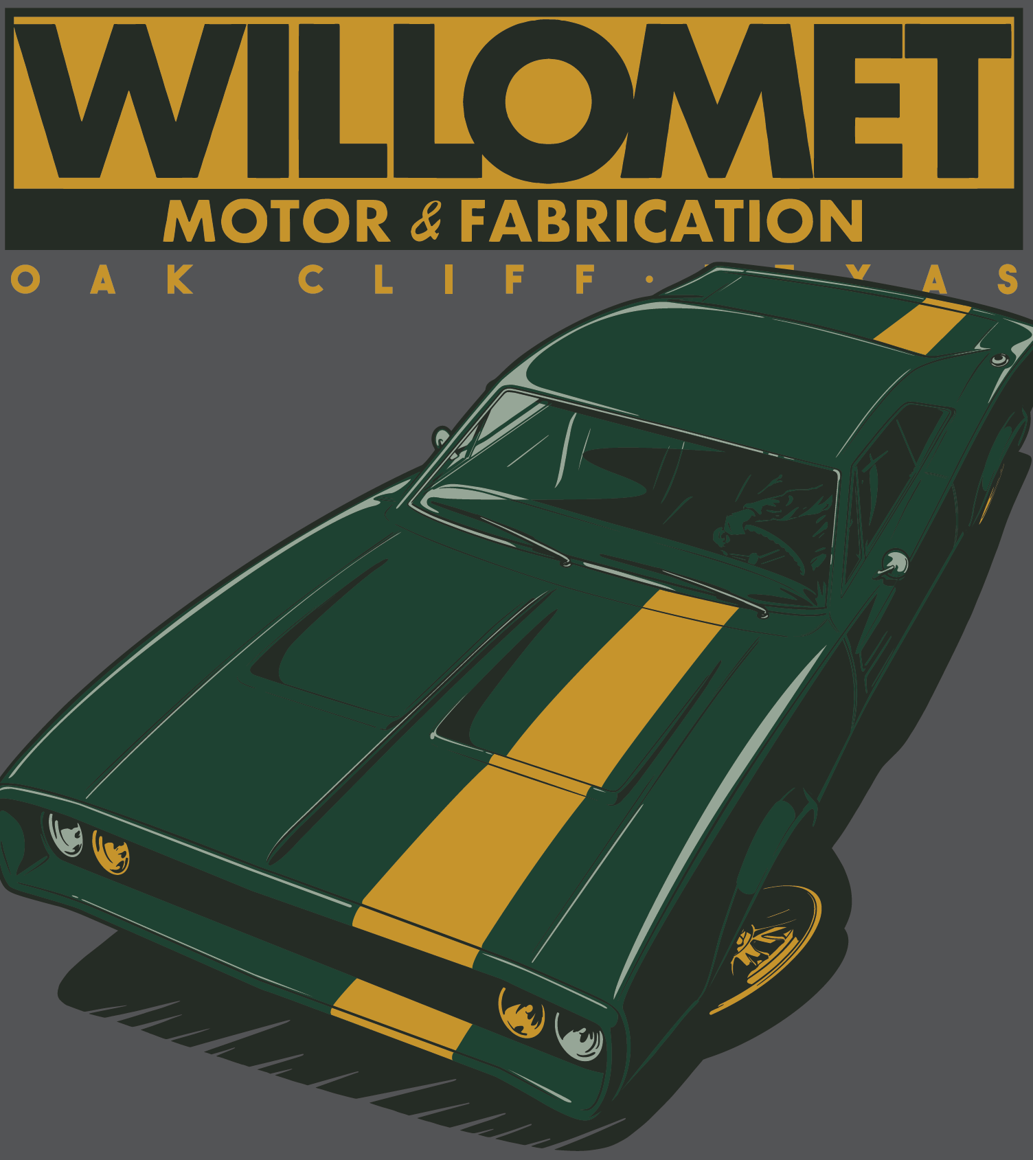 Green muscle car with yellow stripes on a gray background, featuring 'Willomet Motor & Fabrication' text.